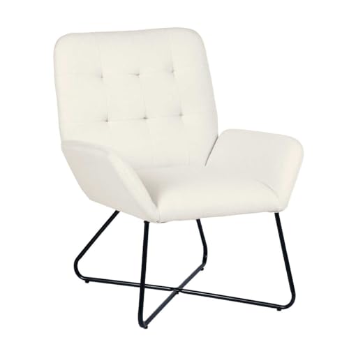 DiKasa Fauteuil Moderne en Toile Blanche Greta - Fauteuil rembourré avec accoudoirs et Pieds en métal Noir, Design Contemporain pour Salon, Chambre, Studio...