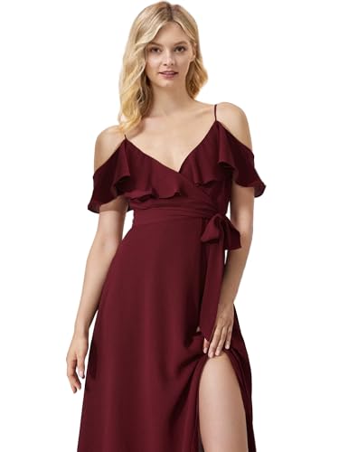 MllesReve Cold Shoulder Maxi Bridesmaid Dresses Chiffon V Neck Special Occasion Dress Ruffle Sleeve Slit Formal Event Dresses4