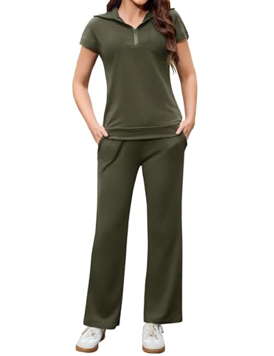 Aottori Freizeitanzug Damen Zweiteiler Hausanzug Sommer Outfits Tracksuit Kurzarm 2 teiler Jogginganzug Trainingsanzug Sport Lounge Set Elegant Loungewear Homewear Armeegrün L