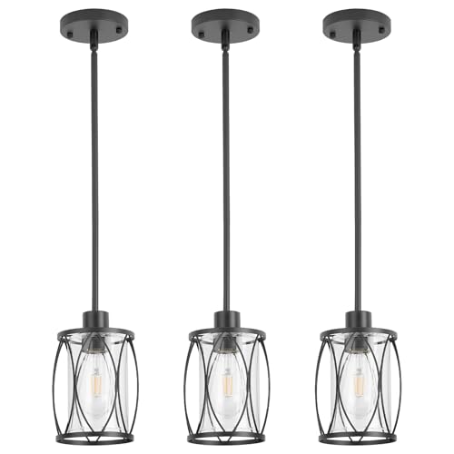 Image of Glass Pendant Lights Kitchen Island Black, 3 Pack | Pendant Light Fixtures Adjustable Farmhouse Mini Hanging Light with Clear Glass for Sink Dining Room Foyer Entryway