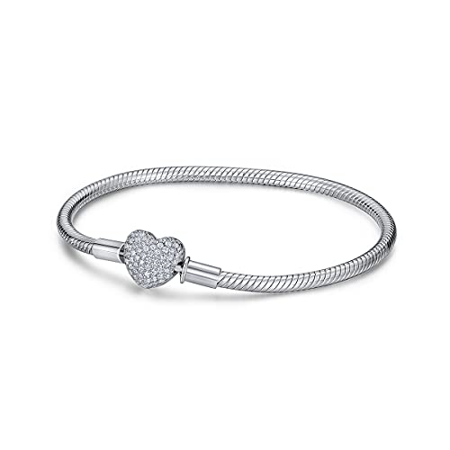 FOREVER QUEEN Pulsera de plata de ley 925 Cierre de corazón Zirconia Pulsera clásica de cadena de serpiente para Charms (Tamaño de la pulsera 17.5cm 18cm 19cm 21cm) (21CM)