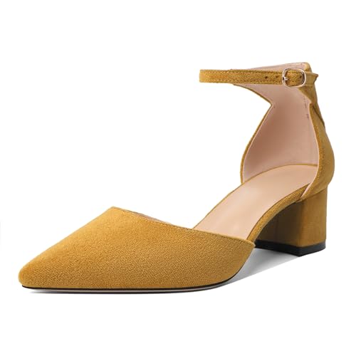 Mettesally Women's Low Block Heels Chunky Heel Closed Pointed Toe D'Orsay Pumps Ankle Strap Heeled Party Dress Shoes