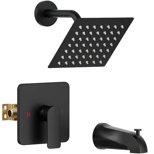 Shower Faucet Set Bathtub Faucet Set with Valve Included Shower Valve Kit with All-Metal High Flow Tub Spout 6 Inch High Pressure Head Solid Brass Valve Body and Metal Handle Trim Black