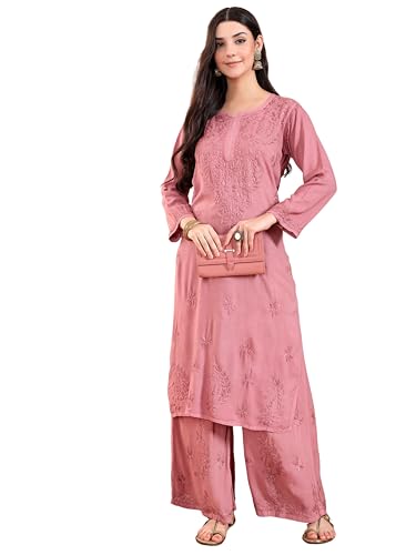 Image of POSHAK CHIKAN STUDIO Women's Hand Embroidered Lucknowi Chikankari Rayon Co-ord Set