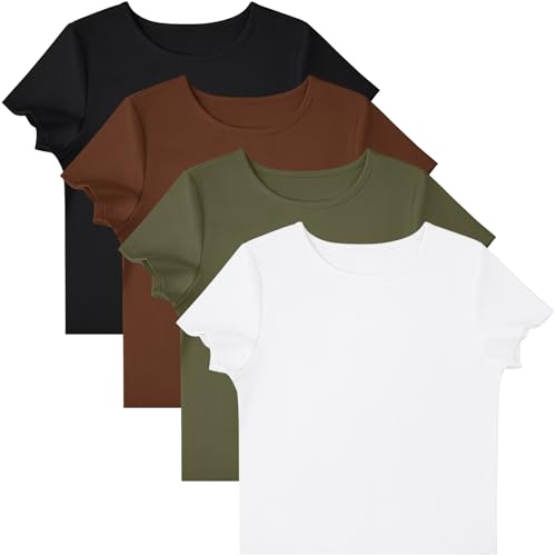 4 Pack Women’s Short Sleeve Tops Cotton Basic Crew Neck Crop Top Cute Trendy Casual Workout T Shirts4