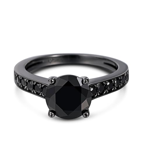 Jeulia 3.96ct Classic Round Cut Engagement Ring for Women, Sterling Silver Solitaire Black Diamond Bridal Set Wedding Promise Ring Band Romantic Valentine's Day Jewelry with Gift Box
