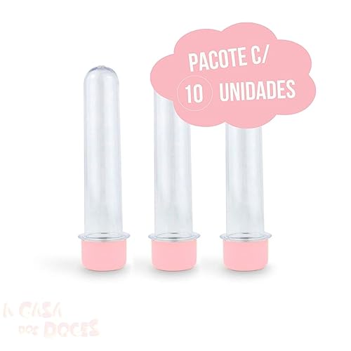 Tubete Transparente 13cm Tampa Rosa Claro c/ 10 Kit 2 Pacotes