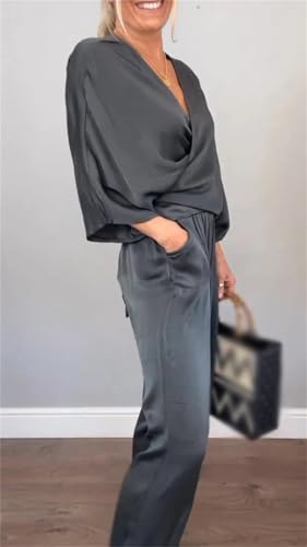 Women's V-Neck Casual Comfortable Satin Suit 3/4 Sleeve V Neck Long Sleeve and Wide Leg Oversized 2 Piece Outfits3