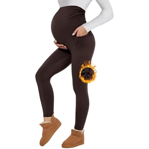 HIGHDAYS Fleece Lined Maternity Leggings with Pockets Over The Belly，High Waisted Winter Warm Yoga Workout Pregnancy Thermal Pants Coffee S Cover