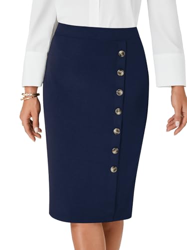 LYANER Women's Basic Stretch High Waist Pencil Bodycon Button Knee Length Straight Office Midi Skirt2