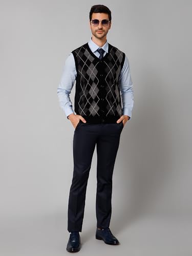 Image of Cantabil Geometric V Neck Sleeveless Regular Fit Men Maroon Casual Cardigan Sweater | Casual Winter Sweater for Men | Mens Sweater for Winter Wear (P MSWT00058 Black)