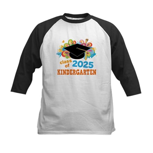 CafePress Kindergarten Class of 2025 Kids Baseball T Shirt Kids Cotton Baseball Jersey, 3/4 Raglan Sleeve Shirt Black/White