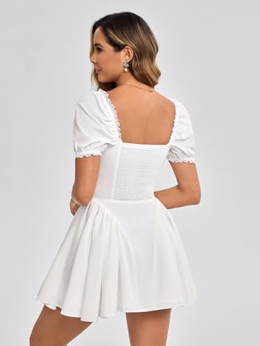 Image of Parthea Women's Floral Square Neck Mini Dress Lace Puff Sleeve Off Shoulder Smocked Flowy A Line Summer Dresses for 2026