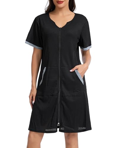 Lovasy Bata Mujer Verano Albornoz Nido Abeja Waffle Batas Ligero y Transpirable con Cremallera Y Bolsillos,Negro,L