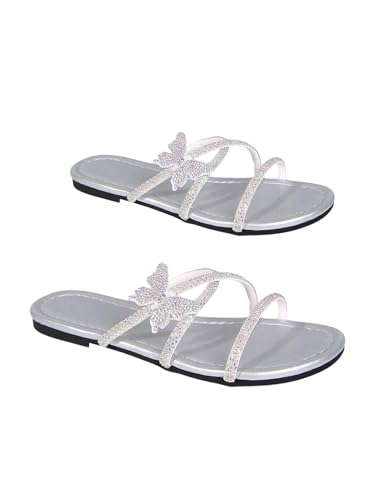 OYOANGLE Women's Butterfly Rhinestone Shiny Slide Sandals Strappy Slip on Flat Sandals Dressy Casual Sliders