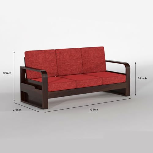 Image of Solid Sheesham Wooden 5 Seater Sofa Set for Living Room | Sofa Set with Side Pocket Storage & Cushion | Rosewood Sofa Set for Home (Walnut with Red Cushion, 5 Seater)