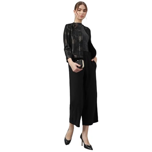 Image of Latin Quarters Women Black Mandarin Collar Long Sleeves Printed Jacket for Casual Wear