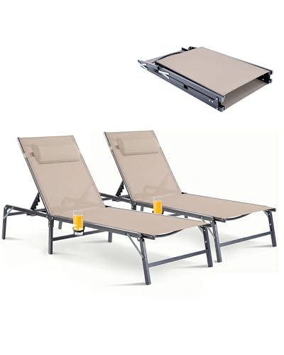 2 Pack Foldable Chaise Lounge Chair with Cup Holder Assemble-Free Outdoor Lounge Chair with Detachable Pillow and 6 Adjustable Backrest Patio Lounge Chair for Outside Poolside Beach Pool Khaki