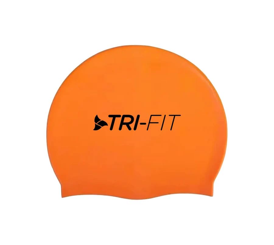 TRI-FIT Silicone Swimming Cap For Open Water | Hypoallergenic & Waterproof | Wrinkle-Free Fit | High Stretch Material For Reduced Drag | For Men & Women (Orange)