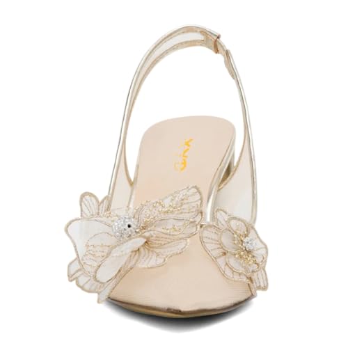 XYD Women Pointed Closed Toe Flowers Pumps Translucent Mesh Block High Heel Slingbacks Bridal Crystal Shoes2