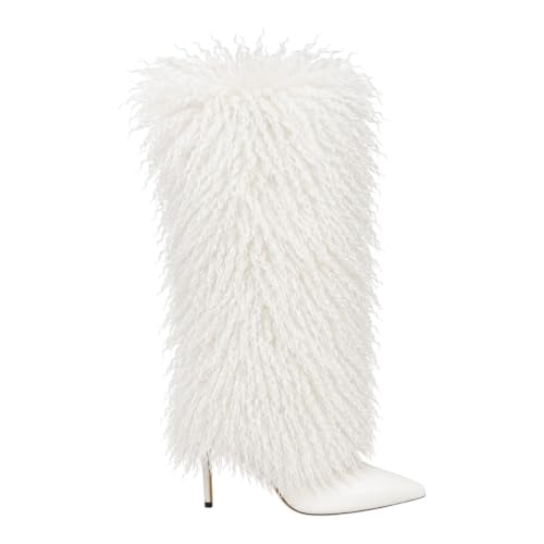PAZZLE Women Pointed Toe Fluffy Faux Fur Knee-High Stiletto Boots Demure-01 White 10