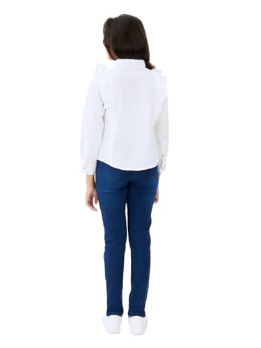 Image of olele Girls Full Sleeve Ruffles Cotton Linen Shirt - White for 4 to 14 Years | Kids Girl White Shirt | White Ruffle Shirt for Girls | Shirt Jeans