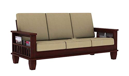 Image of Solid Sheesham Wood 3 Seater Sofa with Pocket Storage | Multipurpose Wooden Three Seater Lounge Set for Living Room Home and Office (Walnut Finish) | 1 Year Warranty