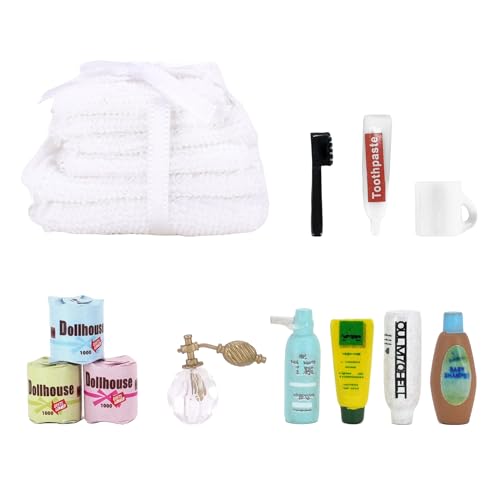 CHAMBERY 1:12 Scale Miniature Dollhouse Bathroom Accessories 12Pcs - Shampoo Perfume, Toothbrush Toothpaste, Toilet Paper Rolls, Towels