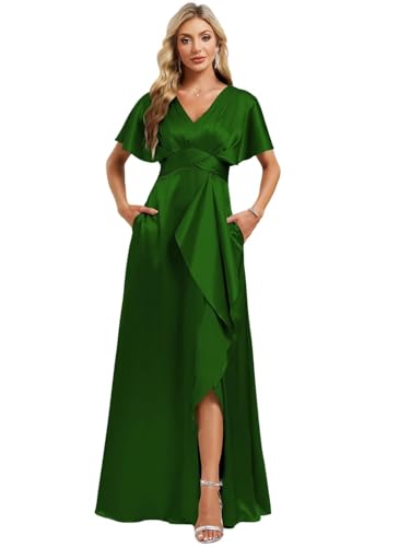 Image of Elegant Satin Bridesmaid Dress with Sleeves Ruffles High Silt Formal Dresses Long for Women Fall DIN022