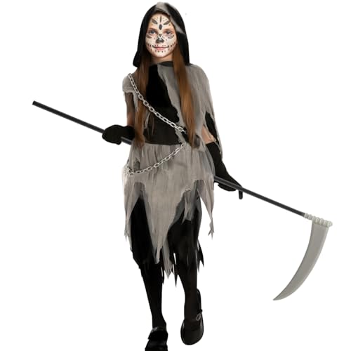 PATRICHOR Disfraz Halloween Niñas, Disfraces Halloween para Niños con Guadaña Capa con Capucha y Vestido, Traje Halloween Conjunto para Carnaval Cosplay Despedida Soltera Fiesta