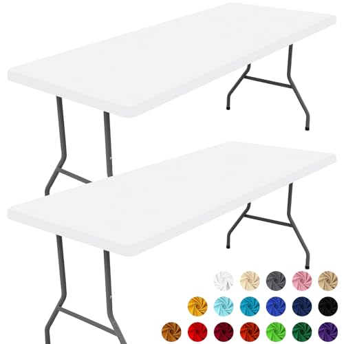 Moosfor Spandex 4 Foot Rectangle Table Cloth 2 Pack, Elastic Fitted Tablecloths for Picnic, Stretch Washable Patio Table Cover for Outdoor, Camping, Banquet and Parties (White, 30"x48")