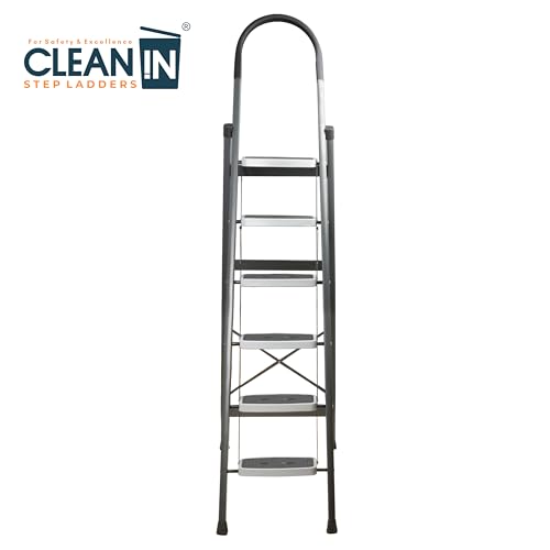 Image of CLEAN IN 6 Step Premium Foldable Household Steel Ladder ~ for Home, Garage, Kitchen. Wide & Anti-Skid Steps, 150 kg Load Capacity, Reinforced Hinges ~ (Shades of Grey)