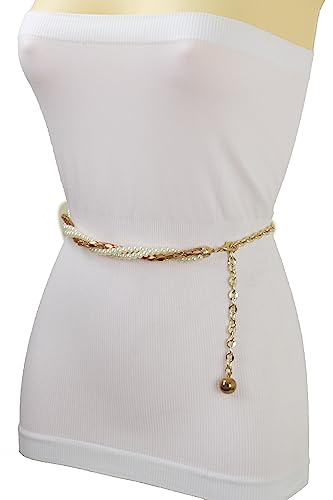 Women Fashion Skinny Belt Gold Metal Chain Twisted Braided Beads Waistband M L XL3