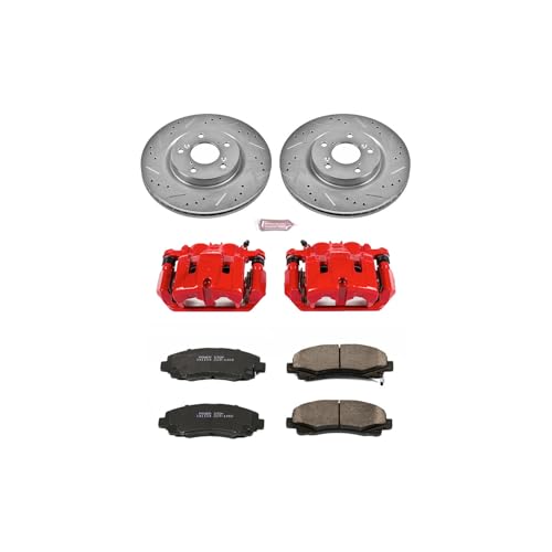 Image of PowerStop Front Brake Kit for Nissan Armada 2012-15 |TITAN 2011-15 |TITAN 2017-24 - Carbon-Fiber Ceramic Brake Pads + Drilled & Slotted Rotors + Red Powder Coated Calipers, KC5821