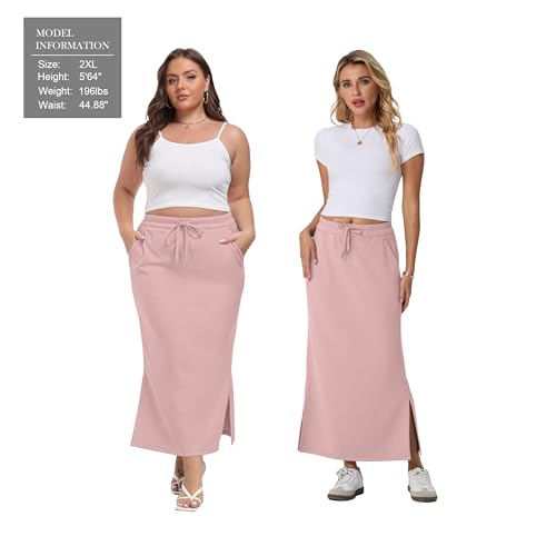 Image of Lepunuo Women's High Waisted Sweat Maxi Skirt with Pockets Slit | Ultra Soft Sweat Fabric, High Waist Drawstring, Deep Phone Pockets, Side Slit for Movement, Ideal for Lounge Travel