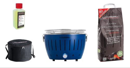 LotusGrill S Blu Starter-Set, 1 griglia, 1 carbone di faggio da 2,5 kg, 1 pasta combustibile da 200 ml, 1 borsa per il trasporto (Blue)
