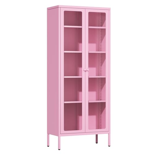 Crownland Metal Storage Cabinet with Glass Doors, Display Curio Glass Cabinet with 4 Adjustable Shelves, Tall Modern Office Storage Cabinets for Home Office, Living Room, Pantry(Pink)
