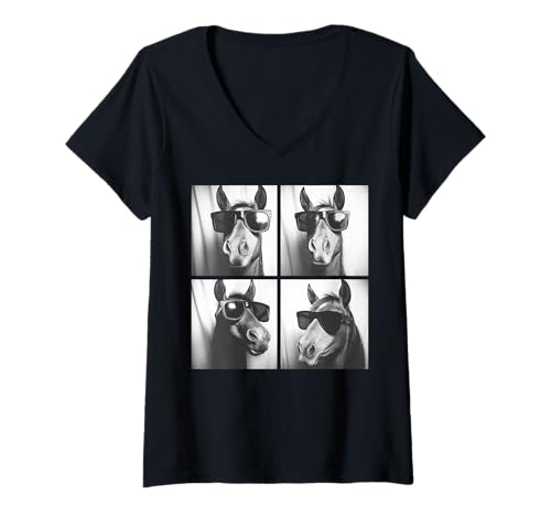 Mujer Caballo divertido con gafas de sol Photobooth Selfie Animal de granja Camiseta Cuello V