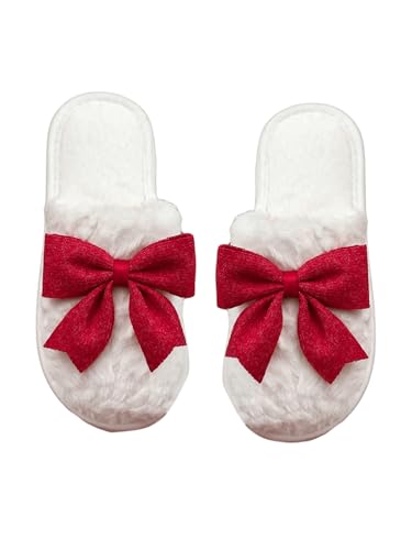 OYOANGLE Women's Bow Decor Round Toe Fuzzy Slippers Plush Home Slippers Indoor Bedroom Warm Slippers