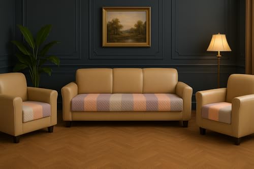 Image of Pastel Stripes Quilted Velvet Sofa Cover - 5-Seater (3+1+1) - Modern Pastel Look - Non-Fading Color - Couch Cover - Made in India - Durable Daily Use - Seat-Only Protector - Home Decor