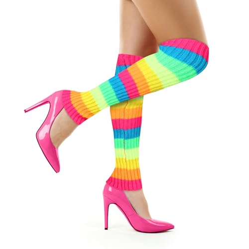 Image of Benefeet Striped Leg Warmers for Women & Girls - Ribbed Knit Soft Colorful Long Warmers for 80s 90s Dance Party