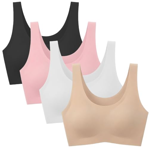 YoBeLove 4 Pack Seamless Sports Bra for Girls Wireless Stretchy Camisole Teen Bras for Teens Age 12-14