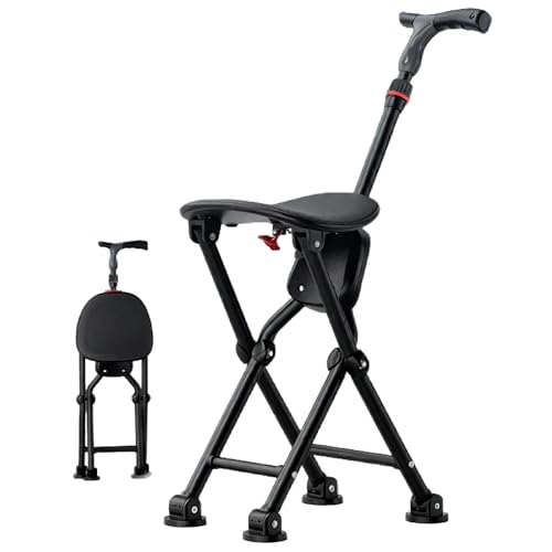 Canne Siege Pliante Légère Canne de Marche avec Siège Pliable et Légère en Alliage D'aluminium Portable Antidérapante Réglable en Hauteur(Black)