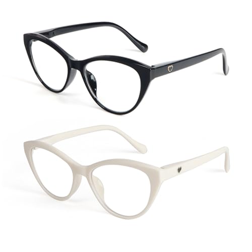 KoKoBin Cat Eye Reading Glasses for Women 2 Pairs Readers Spring Hinge With Cute Heart Frame +1.50