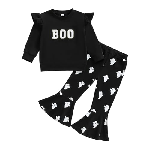 Toddler Baby Girl Halloween Clothes 2 Piece Bell Bottom Outfit Long Sleeve Ghost Pumpkin Sweatshirt Flare Pants Set