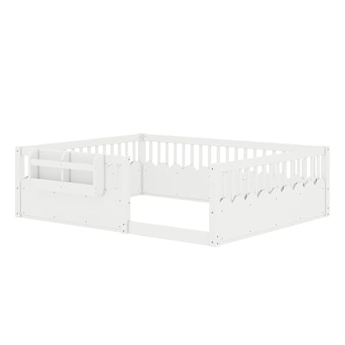 Image of Bellemave Queen Size Kids Montessori Floor Bed,Solid Wood Floor Bed Frame with Bookshelf and High Fence for Kids,Girls,Boys,White