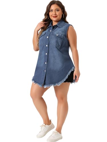 Agnes Orinda Women's Plus Size Button Up Frayed Hem Shacket Sleeveless Denim Jean Jacket Vest3