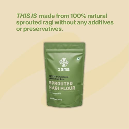 Image of Zama Organics Sprouted Ragi Flour 1kg Pack of 2| 100% Organically Grown Natural Nachni Atta | Gluten Free Finger Millet Flour | No Additives or Preservatives | Low Glycemic Index