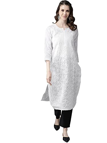 Image of Ada Women's Cotton Straight Fit Straight Hand Embroidered Lucknowi Chikankari Kurta Kurti A411165