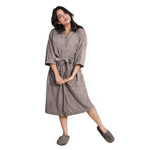 Image of Sassoon Venir Microfiber Bathrobe with Slippers for Men & Women, Unisex Luxury Bathrobe Towel, Spa Robe Combed (Pack of 1) - Sandstone Color
